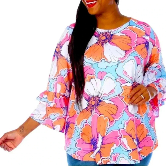 RUBY RD Pink Tropical Floral Blouse 3/4 Flutter Sleeve Size Small Top New - Picture 1 of 13